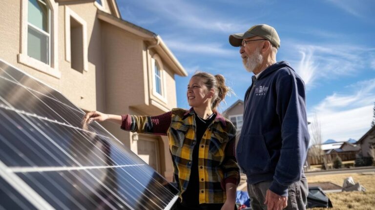 Homeowner showing visiting relatives a residential rooftop solar panel system